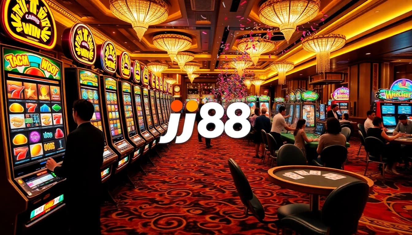 The j88 casino scene shows players winning at slots amid a vibrant atmosphere filled with excitement.