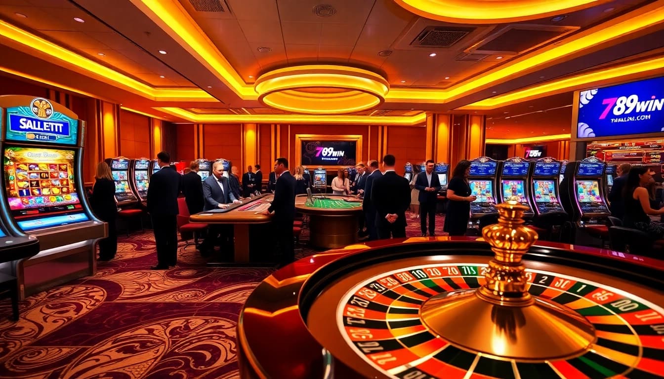 Players enjoying an exciting casino experience at 789win.com, featuring a luxurious roulette wheel and vibrant slot machines.