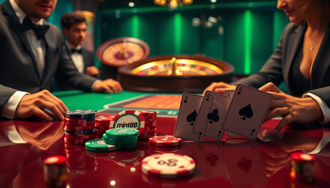 mint88 poker chips gleam on a luxury casino table as players engage in high-stakes action.