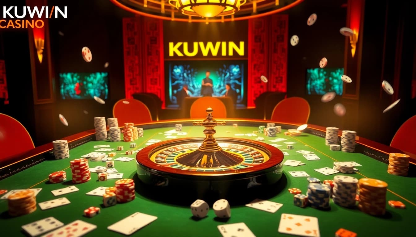 Experience thrilling gameplay at KUWIN, casino table filled with cards and chips in an exhilarating atmosphere.