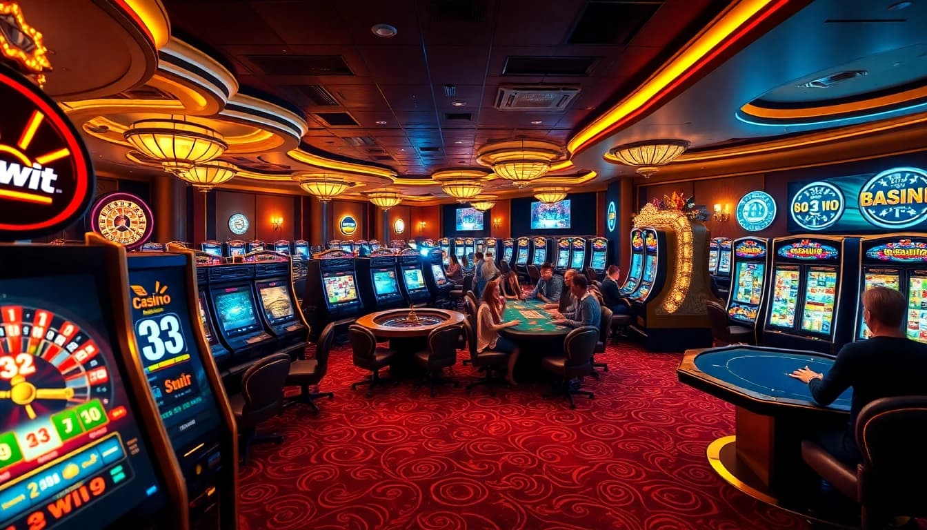 Excited players at a luxurious casino environment showcasing the 33win logo.