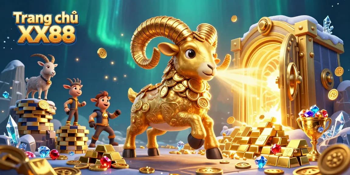 Engage with Trang chủ XX88's vibrant casino experience featuring golden ram collectibles and treasure.