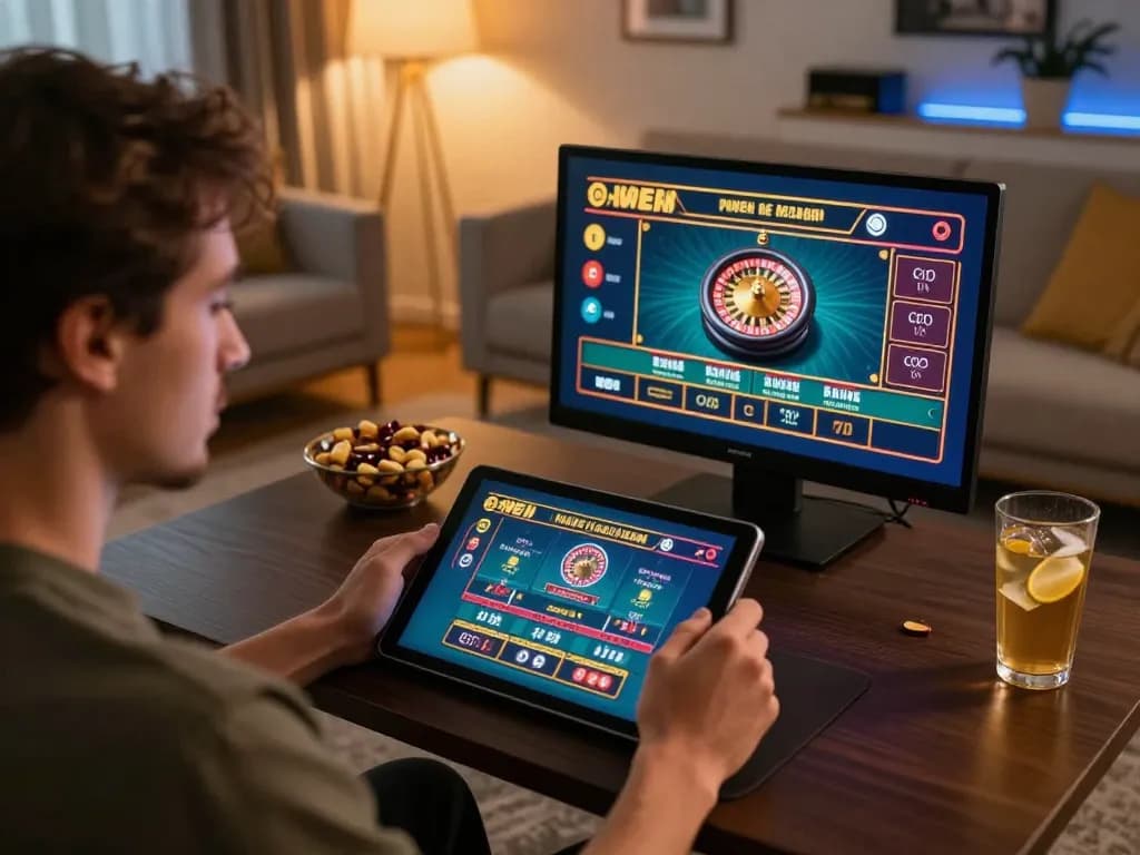 Engaging online gameplay with iwin's casino app on tablet, player strategizing bets in cozy living room.