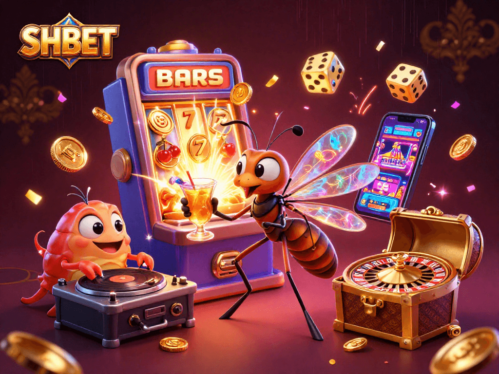 SHBET mascot and characters celebrating with jackpot coins and a colorful casino atmosphere.