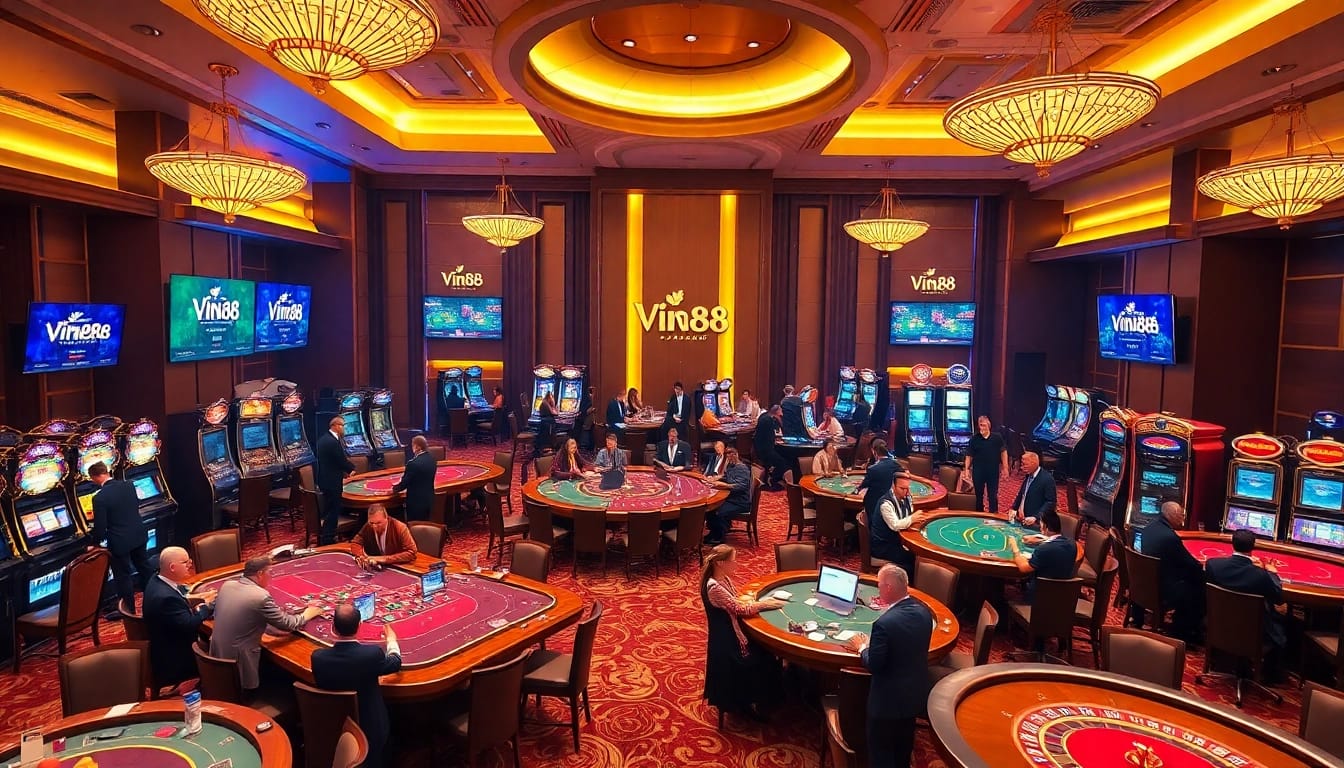Exciting casino action at Vin88 with players betting at tables and engaging in slot games.