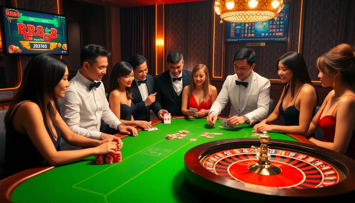 Experience the thrill of the RR88 game with players at a vibrant casino table, surrounded by exciting gaming elements.