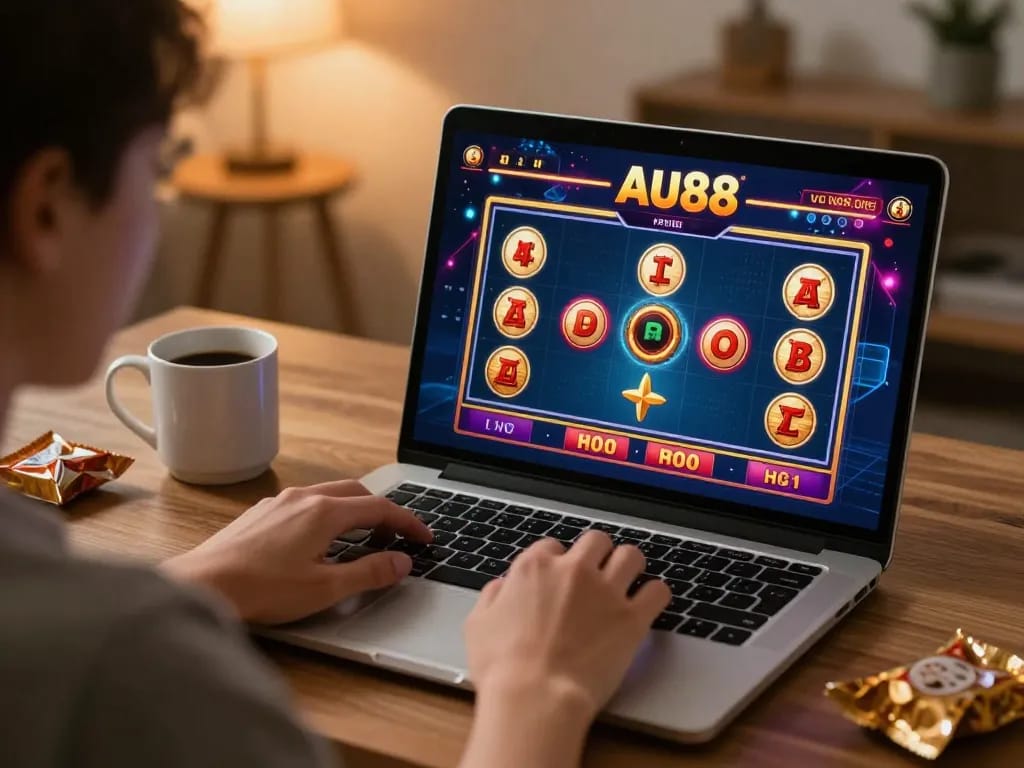 Player engages in Au88 online casino from a cozy home office, highlighting strategic gameplay.