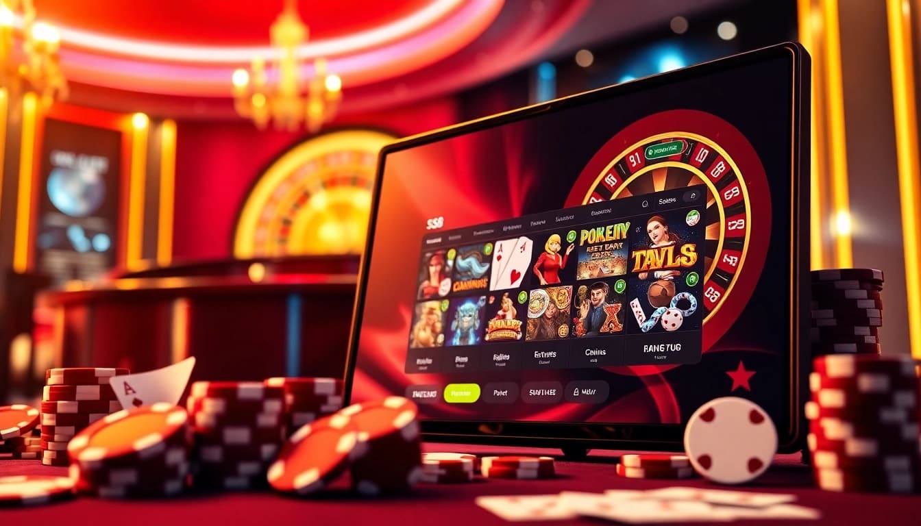 S8 online gambling platform showcasing poker chips and a roulette wheel in a luxurious setting.