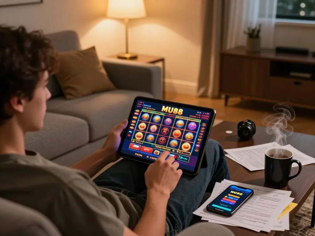 Engaging with MU88 casino app on tablet, casual home gaming setting with strategic notes.