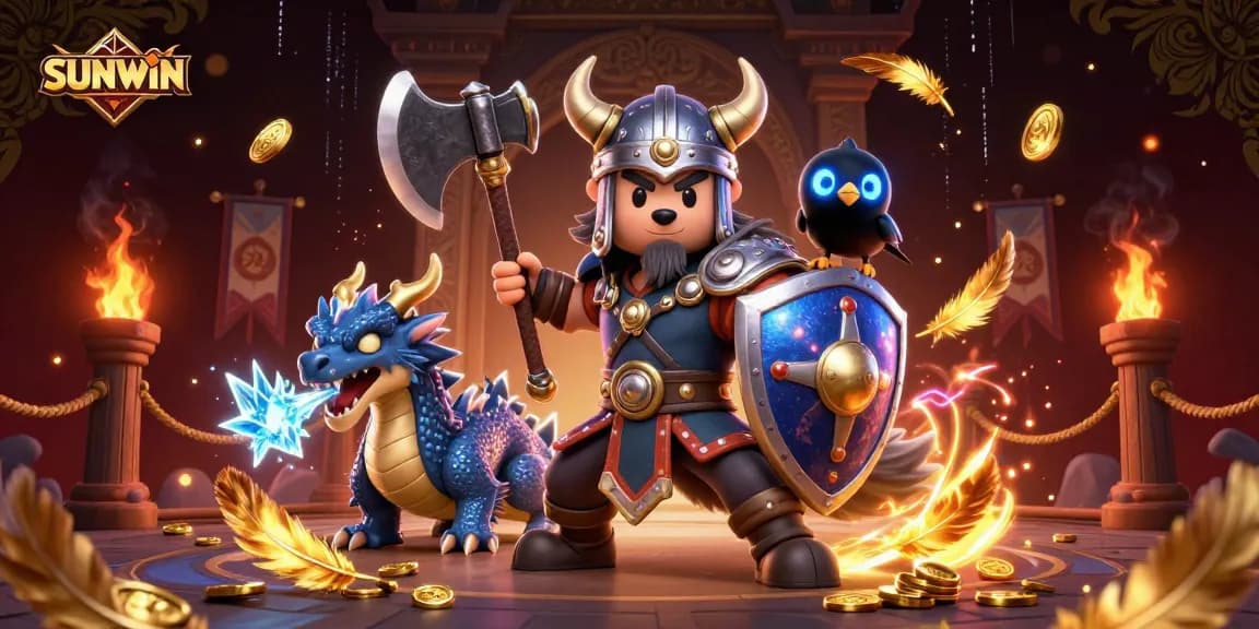 SUNWIN Viking wolf warrior and fierce dragon in an energetic casino scene with gold coins and dynamic effects