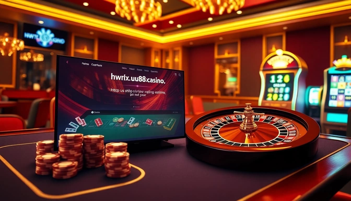 A lively online gambling scene featuring exciting elements from https://uu88xpj.com/, emphasizing roulette, poker chips, and slot machines.