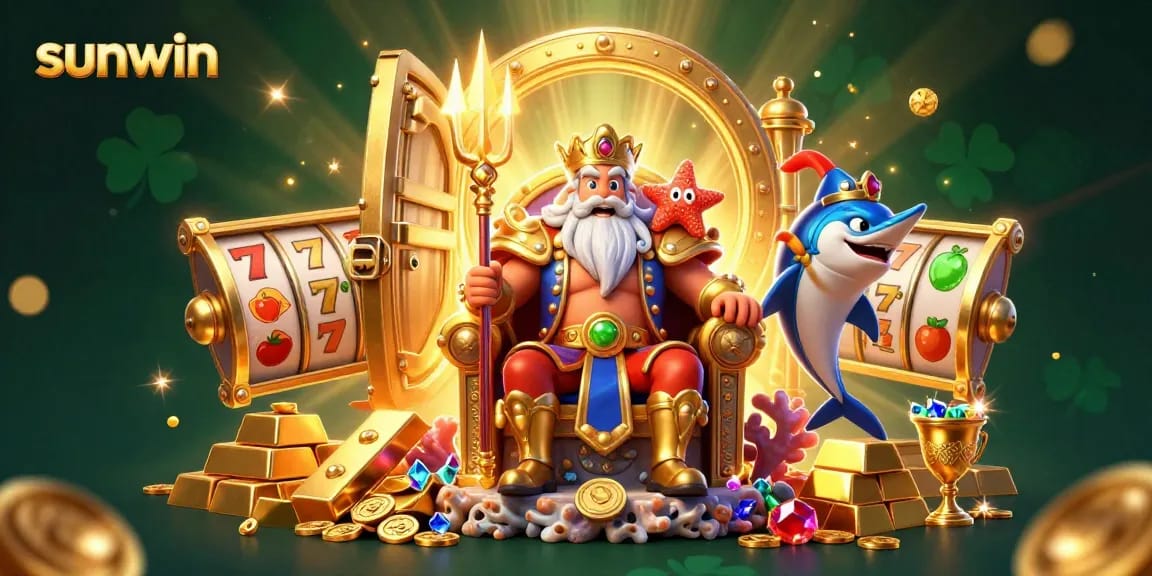 Spin the reels with sunwin's vibrant casino illustration featuring Neptune and treasure elements.