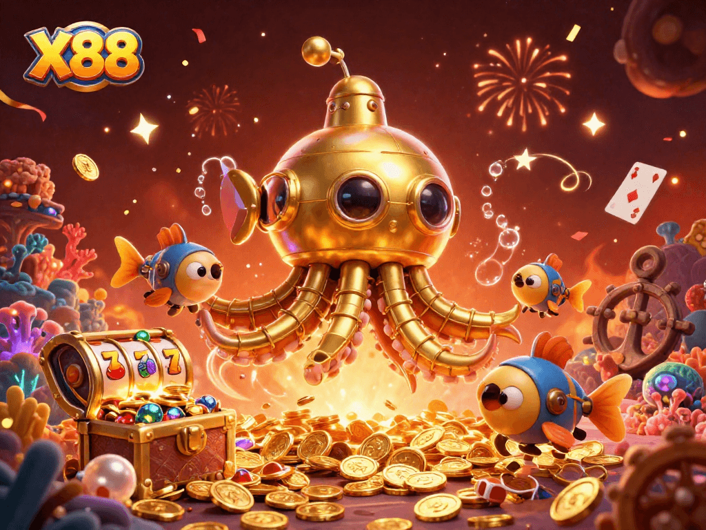 X88 spins golden reels on an ultra-detailed 3D submarine filled with coins and jewels