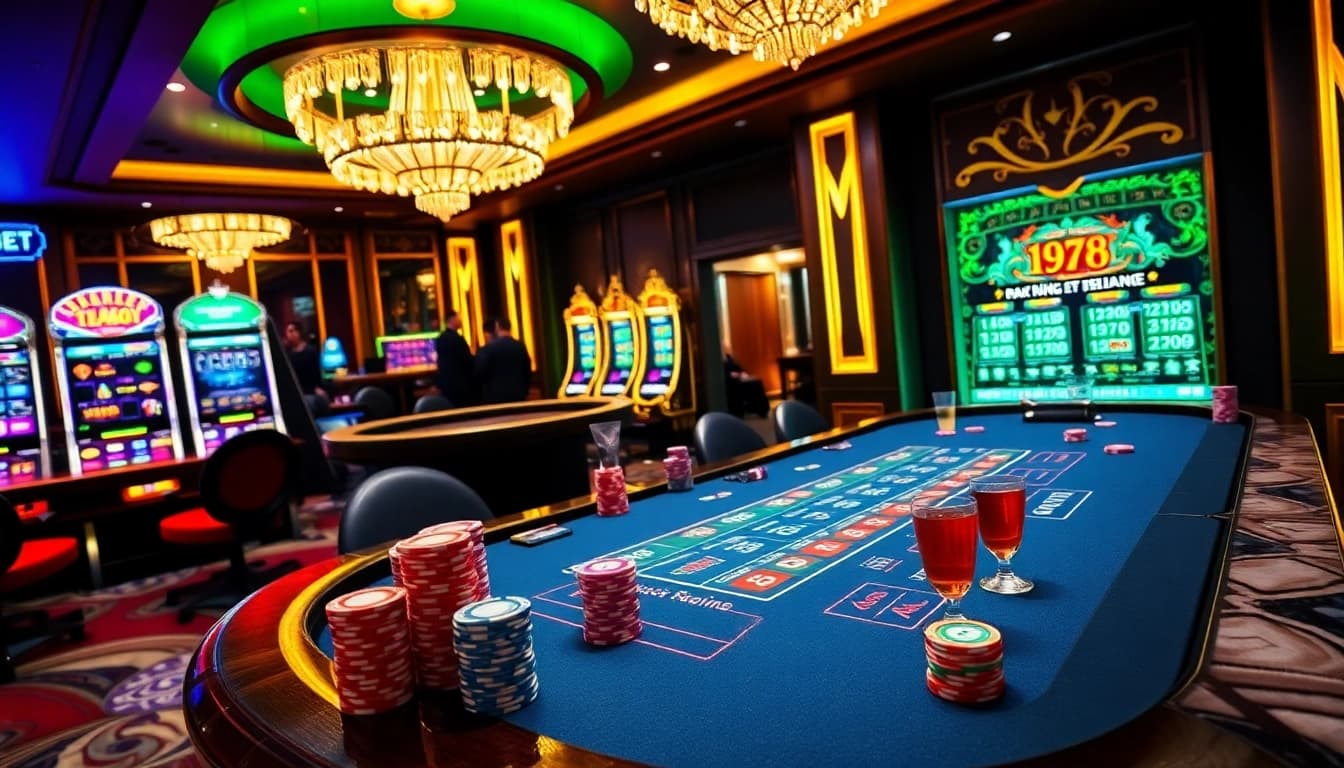 THABET gaming atmosphere showcasing a high-stakes blackjack table with vibrant casino elements.