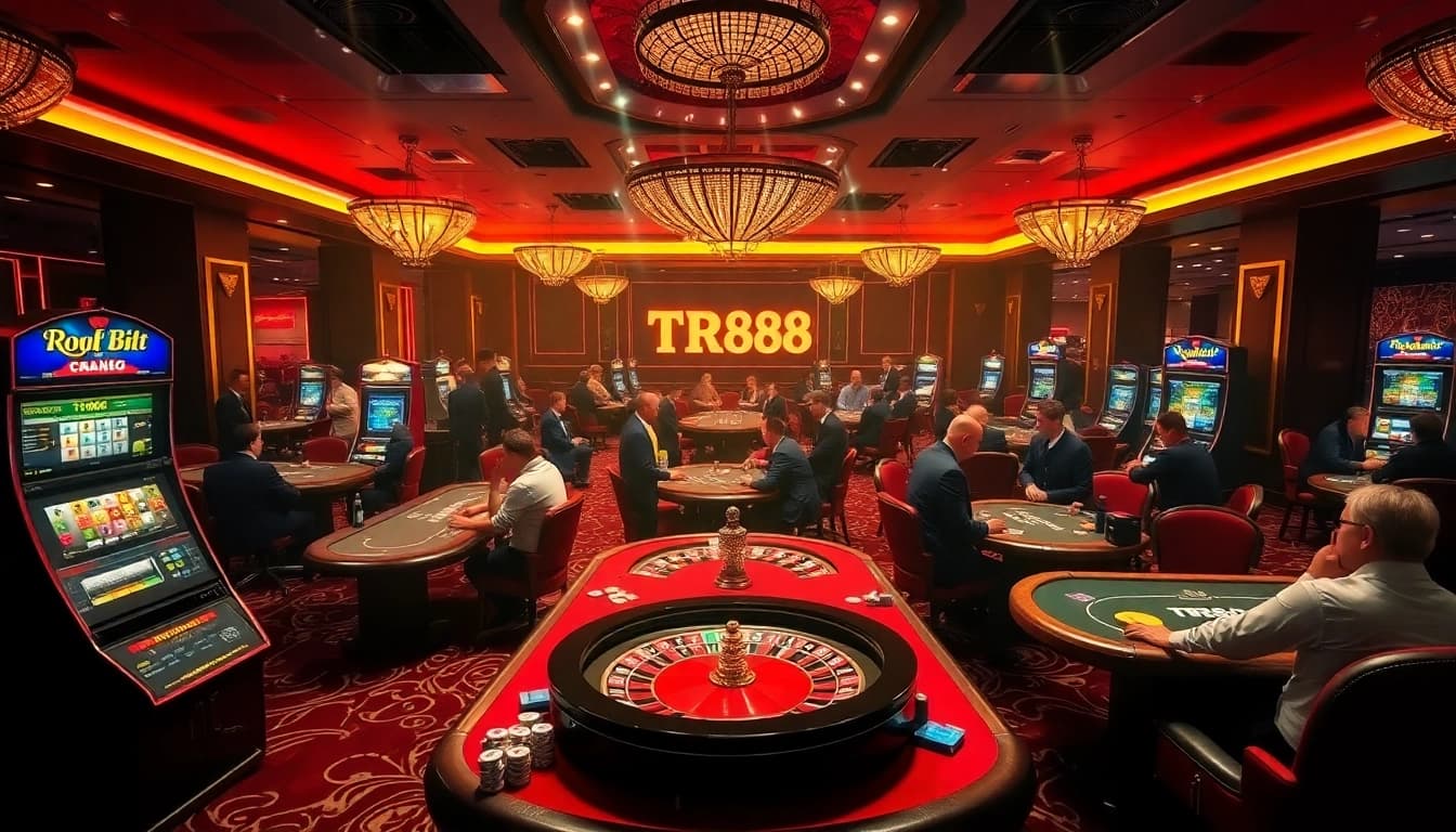 Experience the excitement of TR88 in a luxurious casino environment with vibrant gaming tables.