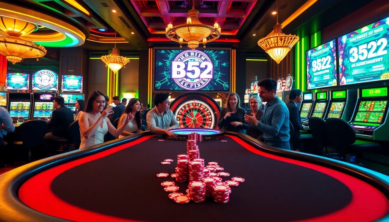 B52 online poker game with vibrant chips, a roulette wheel, and excited players at a luxurious casino table.