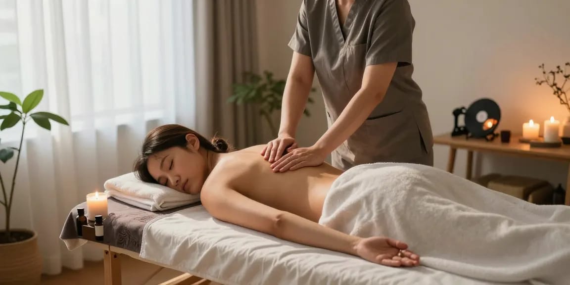 Relaxing 사당출장마사지 session in a serene home environment with soothing decor and calming elements.