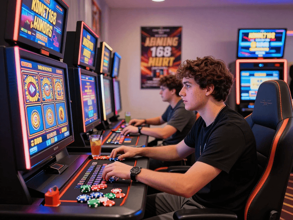 KOMBET168 online casino player engaging in vibrant slot games amidst an inviting atmosphere.