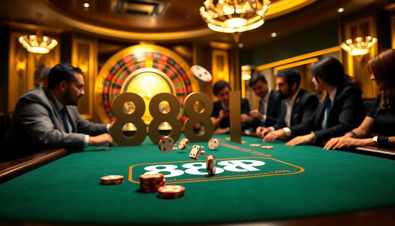 Engaged players at a stylish casino table promoting the dynamic experience of 888P.