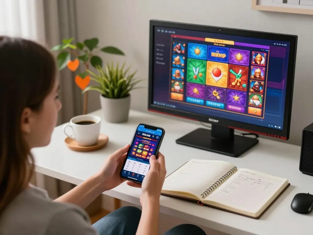Person engaging with the rikvip casino app on a smartphone in a cozy home gaming environment