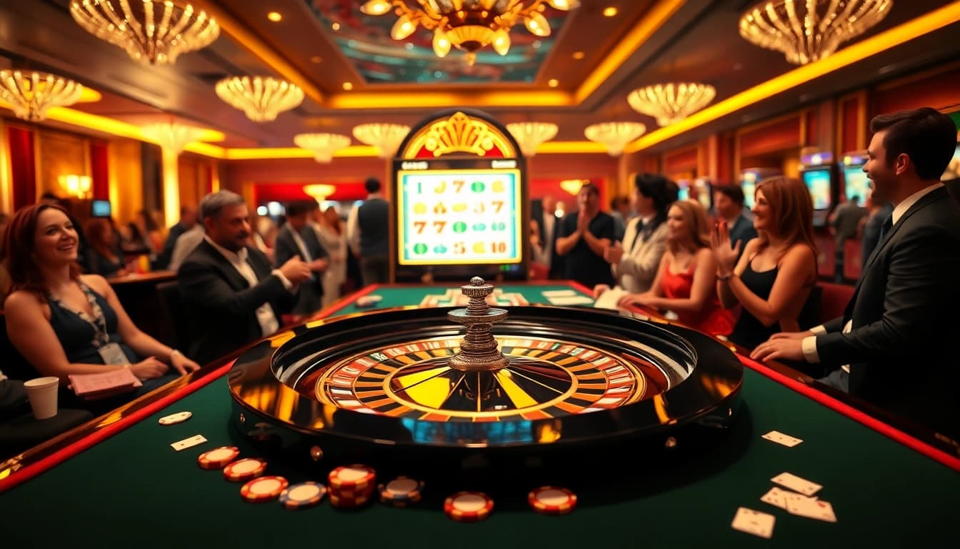 Engaging casino scene with players around the roulette table at kjc.com.