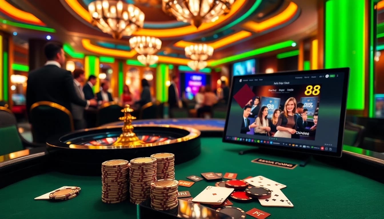 Engaging gambling scene featuring poker and roulette, highlighting https://fly88.ae.org/ online excitement.