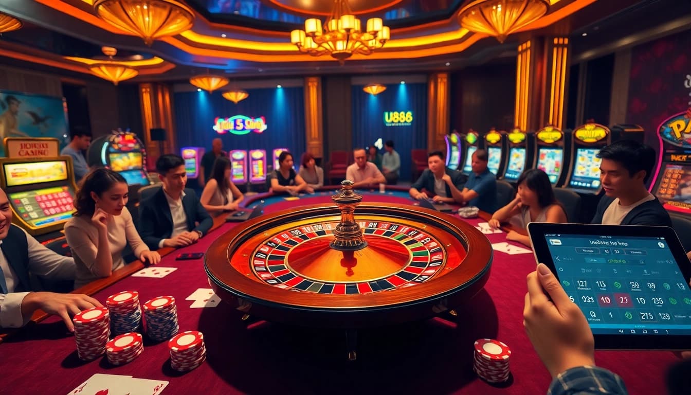 Experience thrilling gameplay at u888 one with vibrant casino tables and flashing slot machines.
