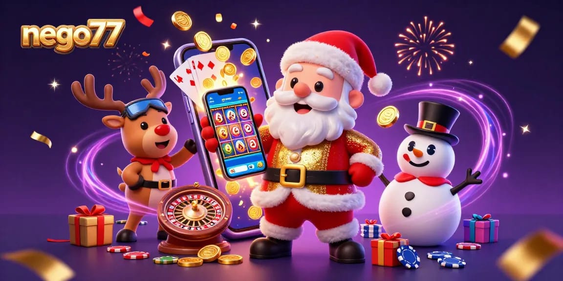 Enjoy the thrills of nego77 with a festive 3D casino illustration showcasing jackpot slots and festive characters.