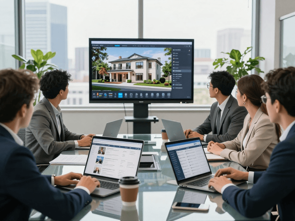 Real estate agents collaborating with IDXSTAR technology for market analysis and property listings