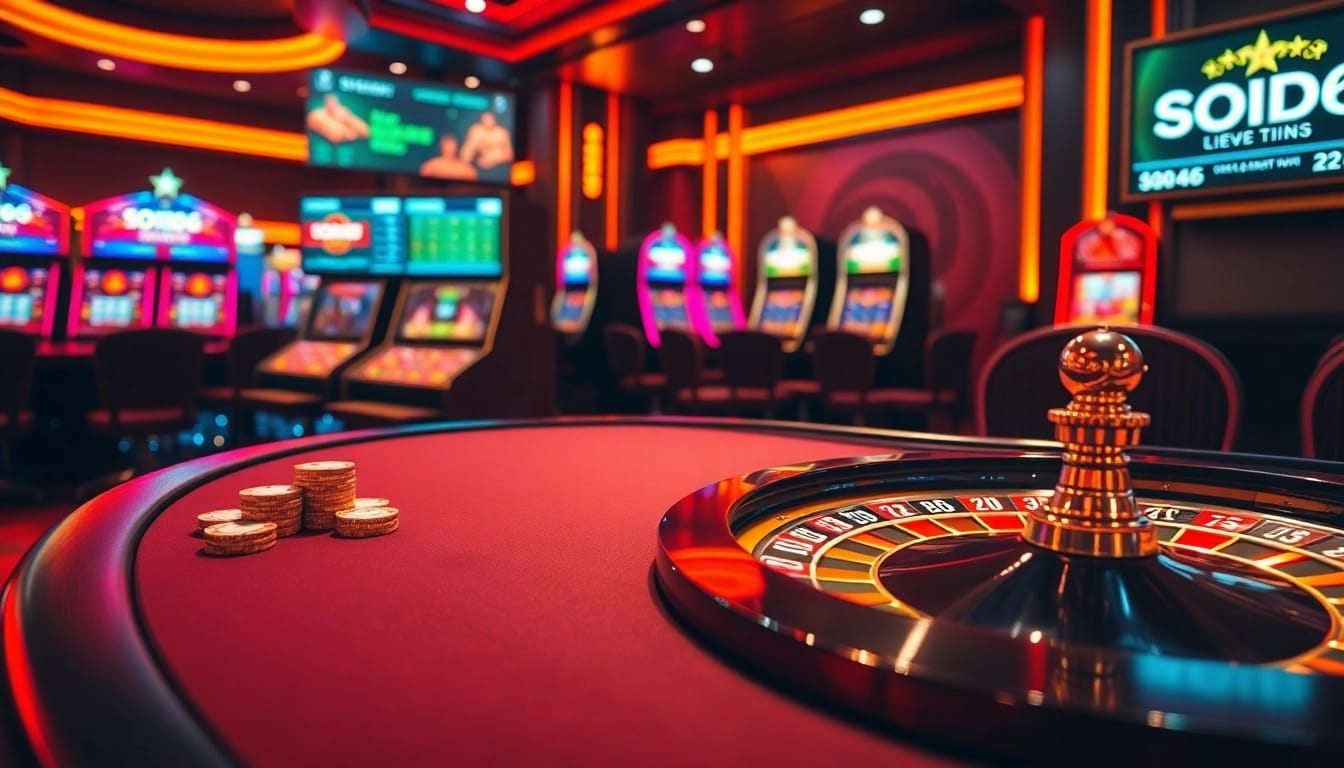 SODO66 reveals a luxurious online casino experience with vibrant slot machines and a gleaming poker table.