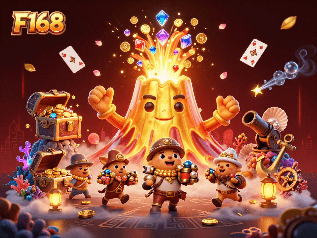 Experience thrilling wins at F168 with an enchanting 3D volcano erupting coins and gems.