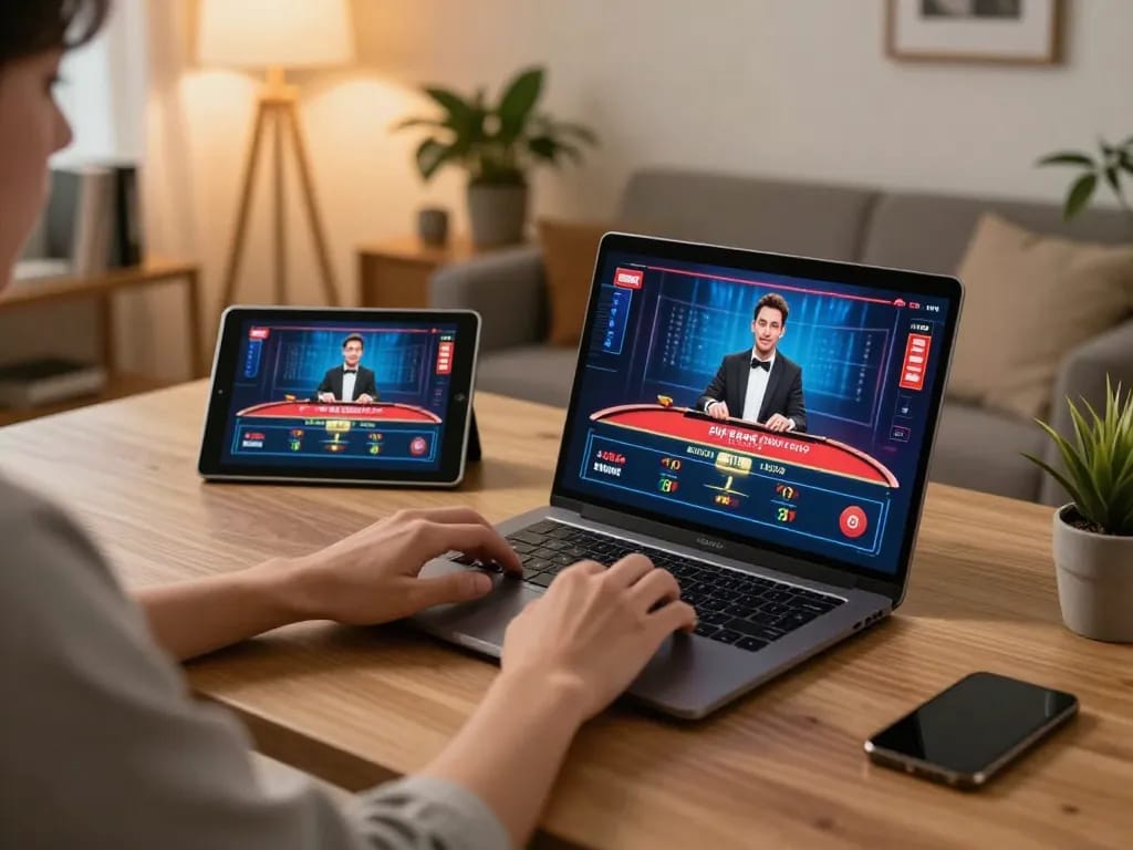 Engaging online gaming session with SC88 Com on laptop, showcasing live dealer action in a cozy home office.