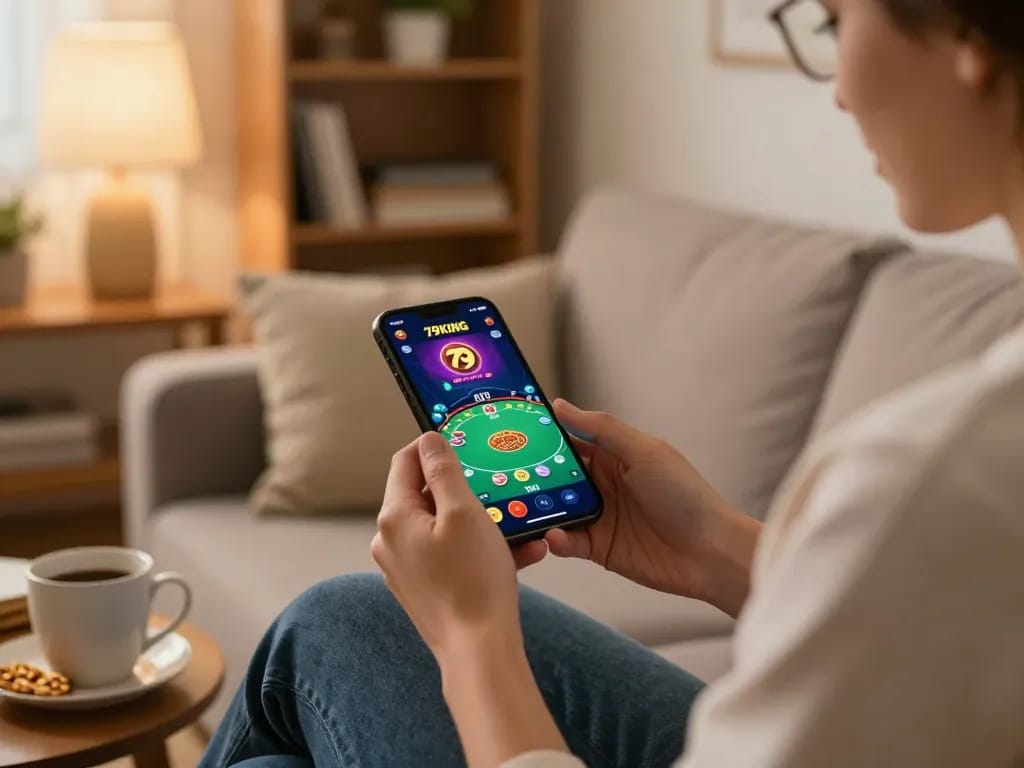 Engaged player using the 79KING mobile app for online poker gaming.