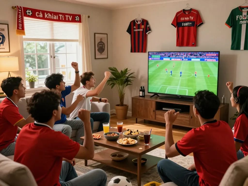 Cà Khịa TV football fans enjoying a live match in a lively living room atmosphere.