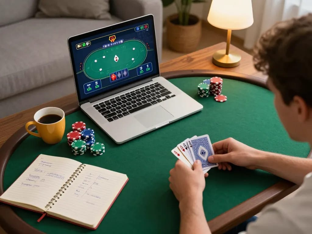 Engaged player analyzing cards during an online poker game at home on LV88 platform