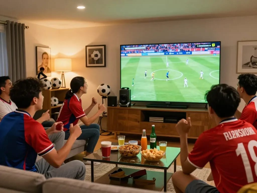 Fans watching lương sơn tv live football match at home with excitement