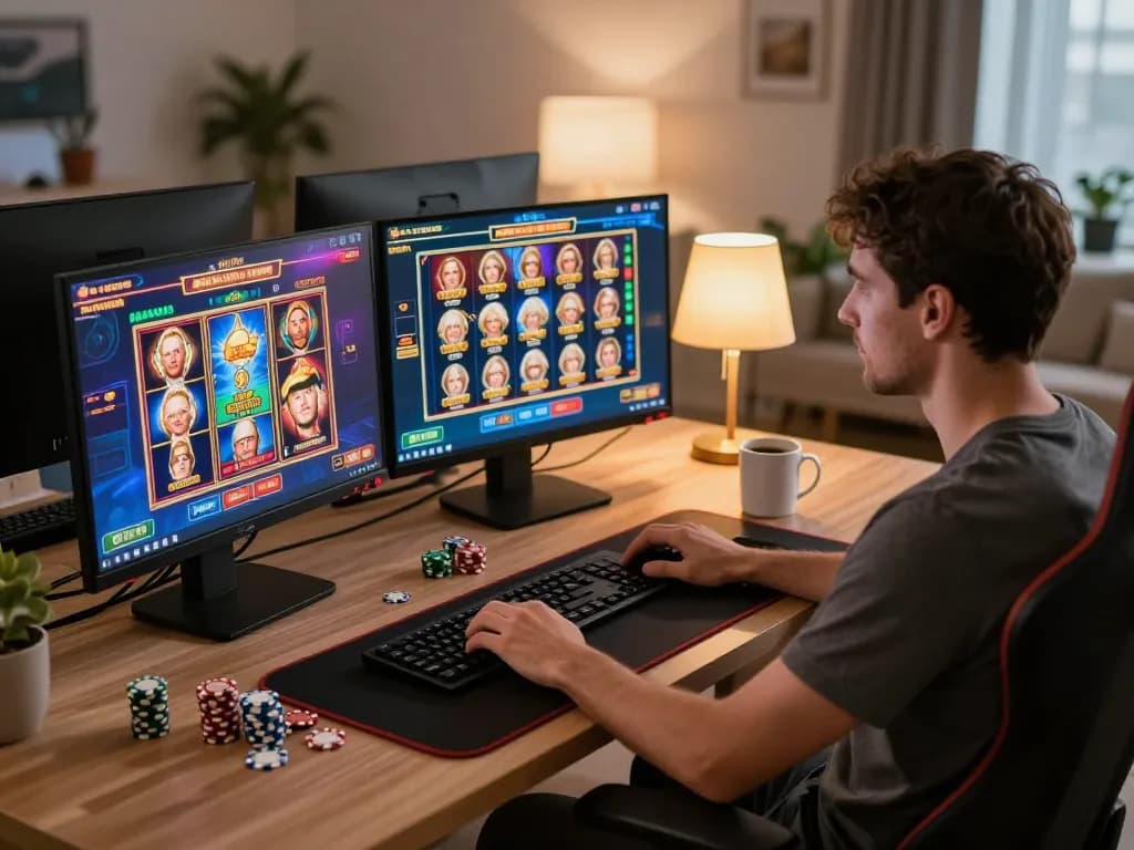 Player engaged in online gaming at home, exploring okfun slot games on high-resolution monitor.