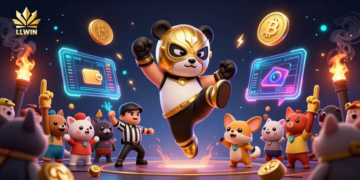 LLWIN showcases online casino excitement with a wrestling panda, captivating crypto-themed elements, and vibrant action.