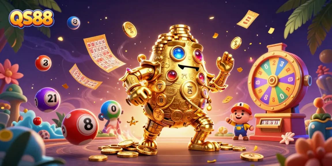 Win big with QS88 as a dazzling golden golem spins lottery balls and prize wheels in a vibrant casino scene.