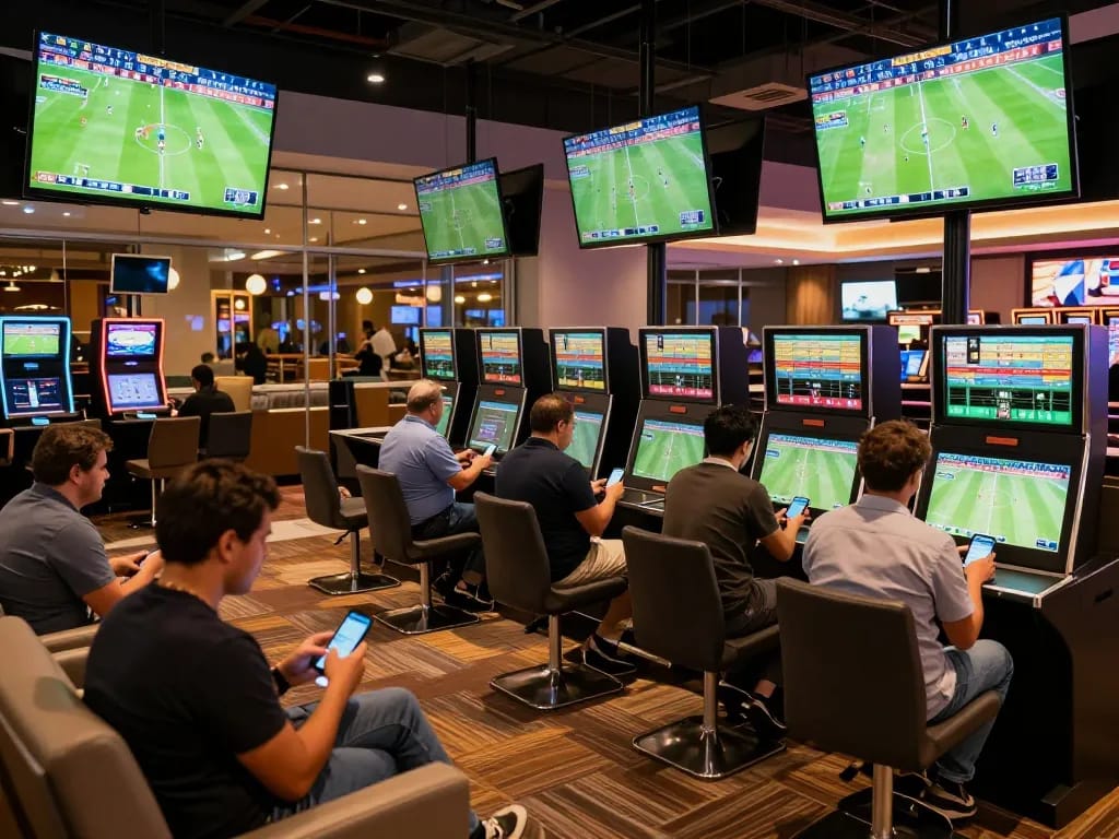 Excited bettors analyzing kèo nhà cái in a vibrant sports betting lounge with multiple screens.