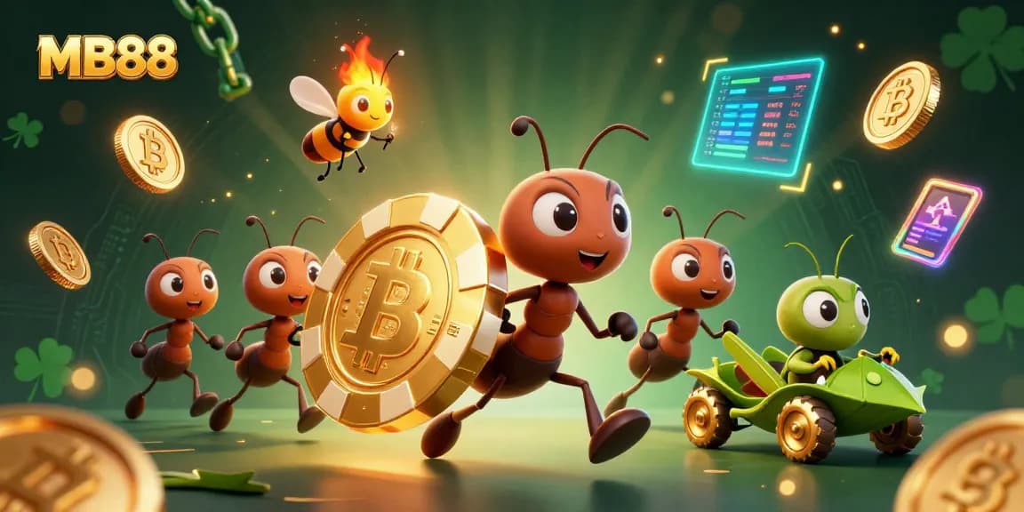 Join the heist at MB88 with cartoon ants carrying a giant poker chip, surrounded by glowing coins.