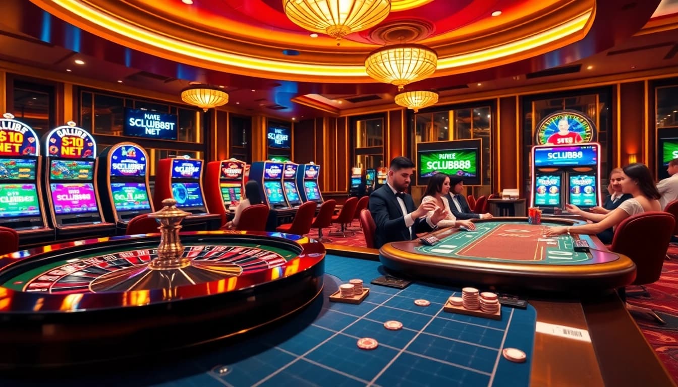 Players enjoying gambling action at SCLUB88 NET's vibrant casino, featuring roulette and poker.