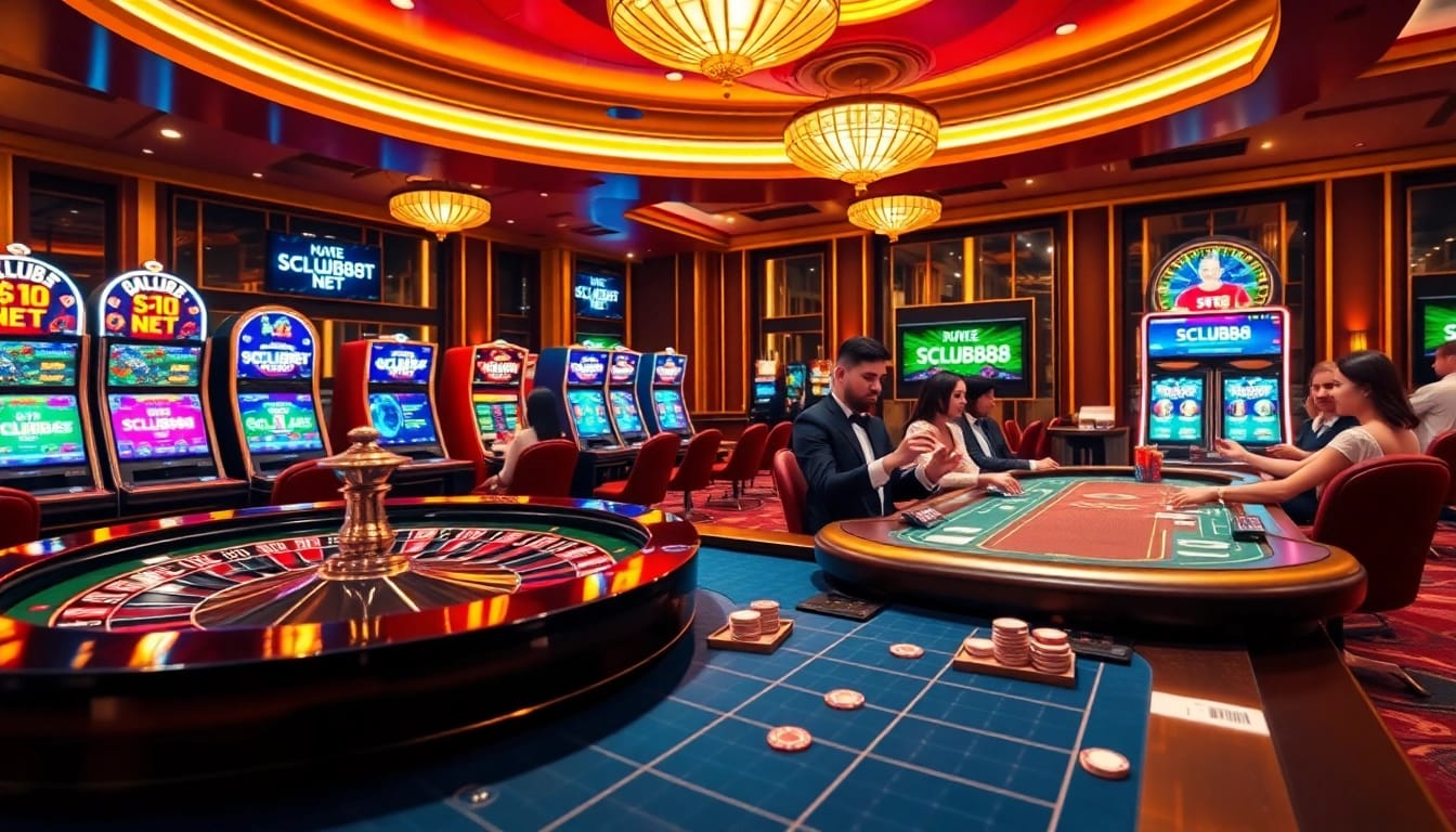 Players enjoying gambling action at SCLUB88 NET's vibrant casino, featuring roulette and poker.