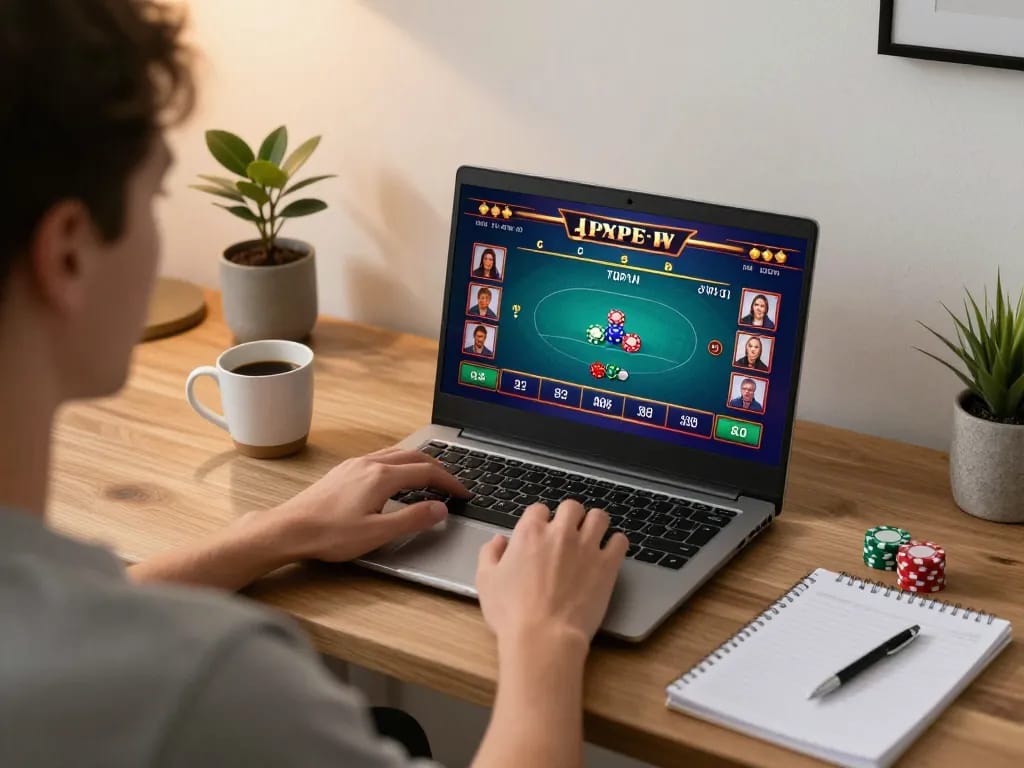 Player enjoying a poker game on 23Win's online platform from a cozy home setup