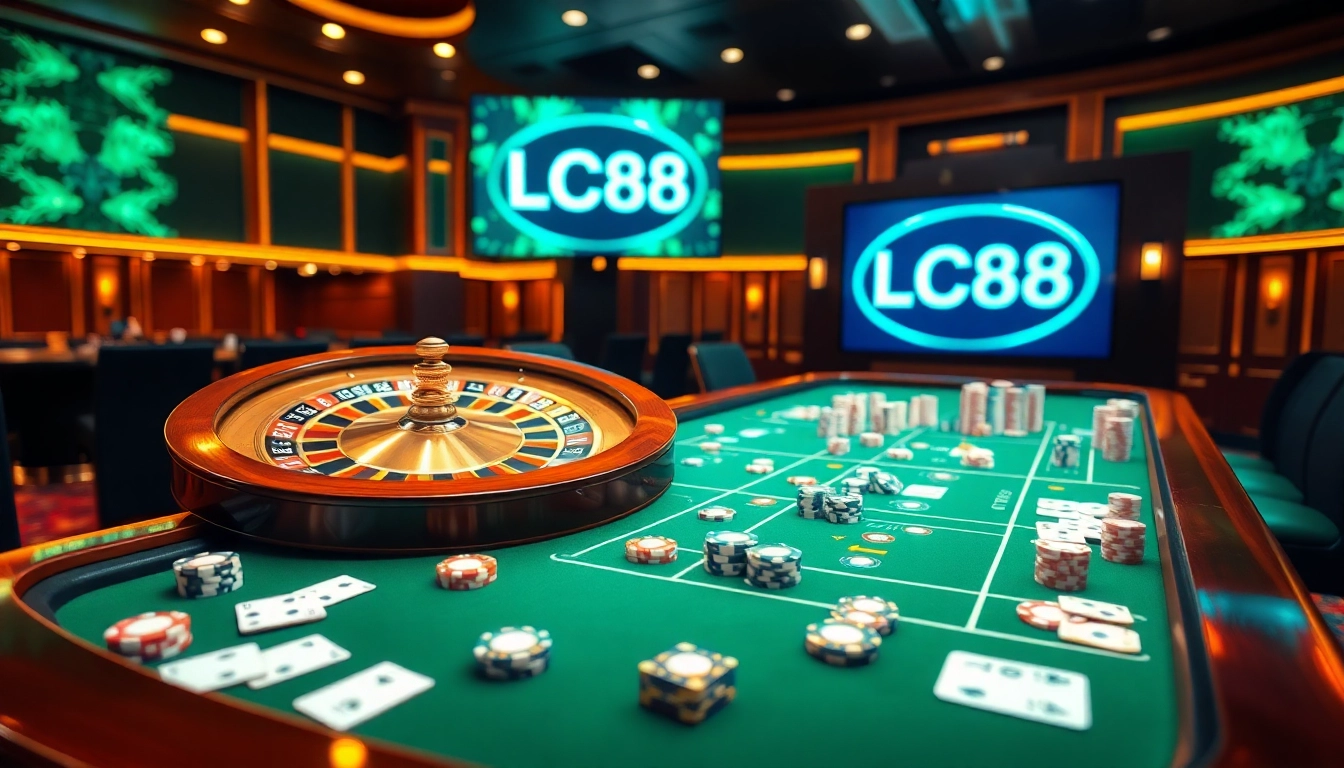 Playing a thrilling game at LC88 casino featuring roulette, cards, and vibrant decor.