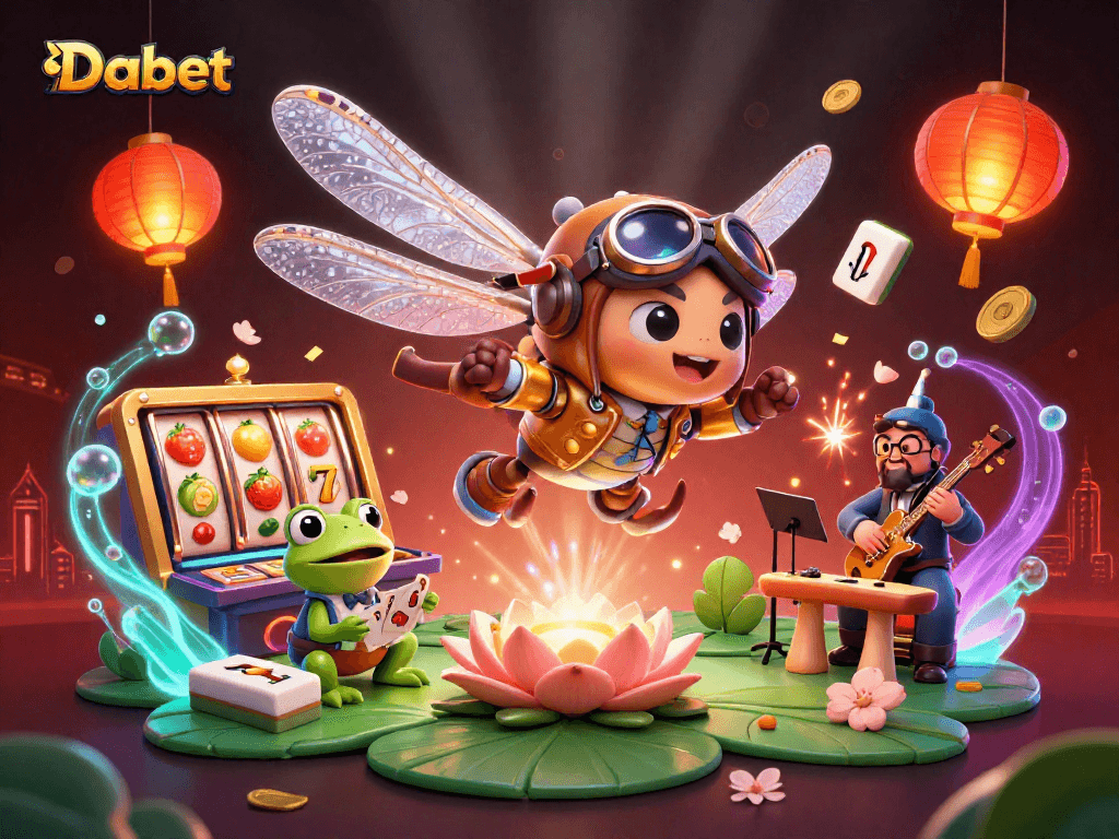 Dabet offers exciting casino action with a dragonfly pilot above a lily pad casino scene featuring vibrant slot reels and lively characters.