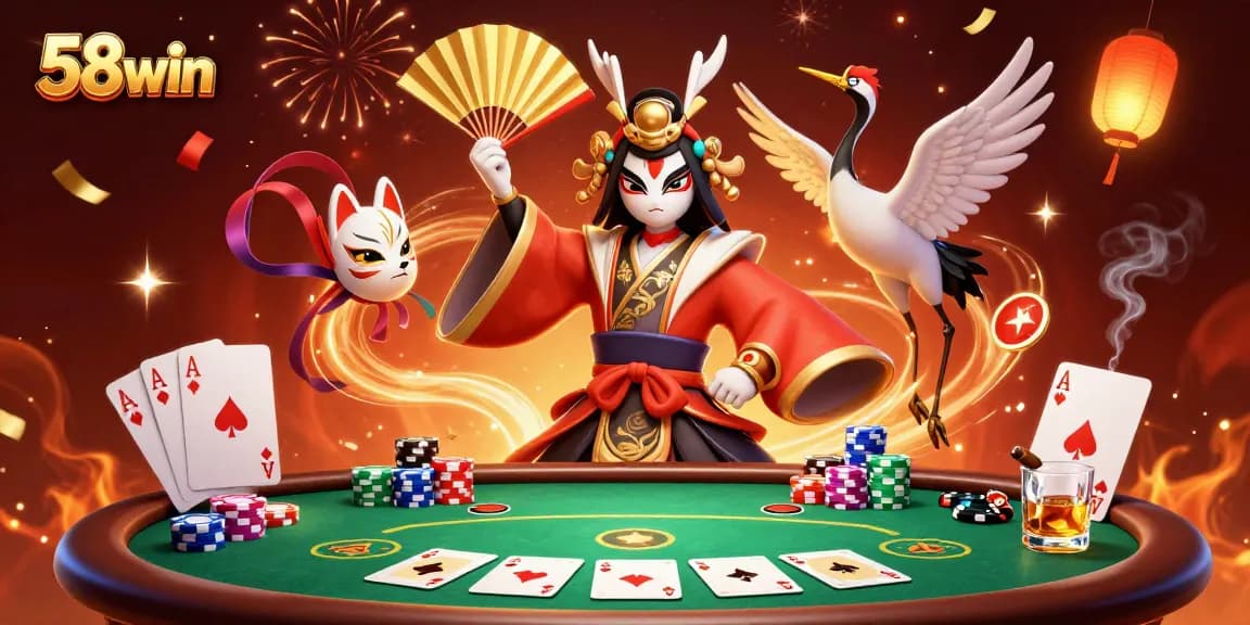 Engage with 58win's dynamic poker scene showcasing energetic characters and rich casino elements.