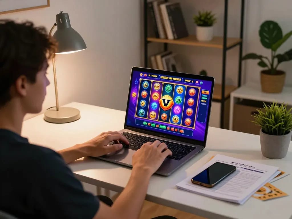 Experience Slot Malaysia action with a player engaged at a laptop, showcasing vibrant reels and strategy notes.