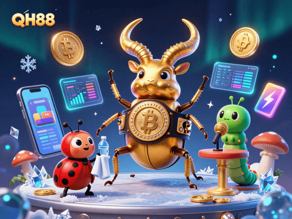 Engage with QH88's vibrant crypto casino scene featuring dynamic characters and glowing elements.