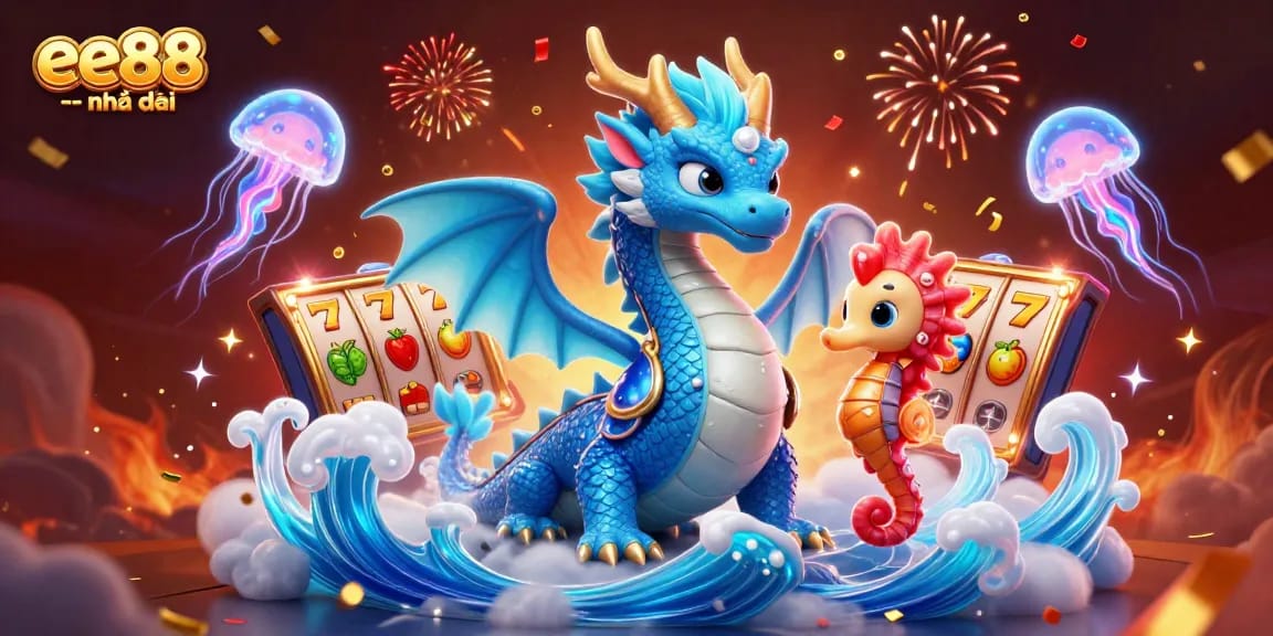Engage in thrilling gameplay with ee88 -- nhà cái's vibrant 3D casino illustration featuring slot reels and magical characters.